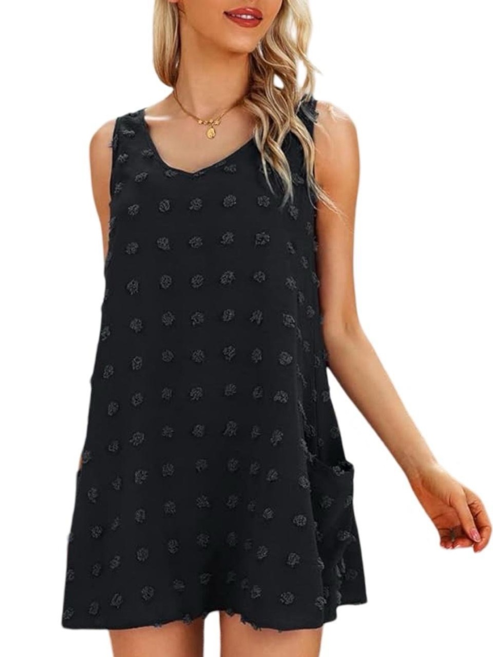Swiss Dot Pom Design Black Summer Dress & Pullover Swimsuit Cover with Pockets